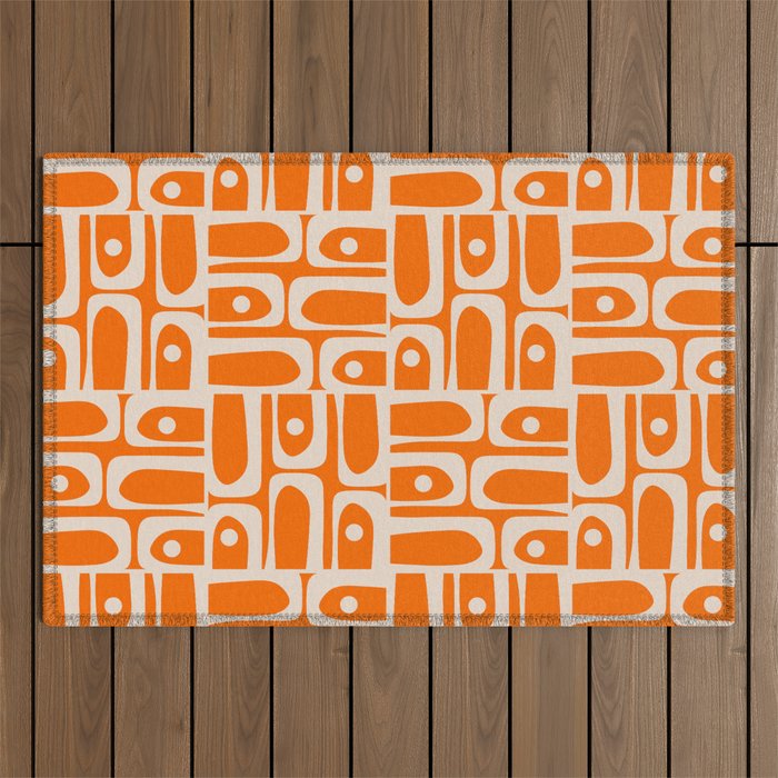 Mid Century Modern Piquet Abstract Multi Pattern Orange and Beige Outdoor Rug Gallery Image 1
