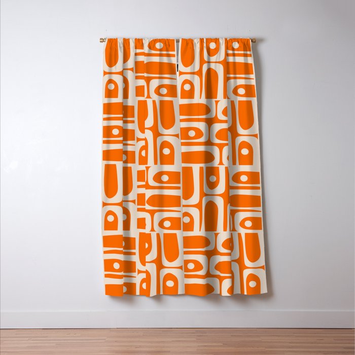 Mid Century Modern Piquet Abstract Multi Pattern Orange and Beige Window Curtain Gallery Image 3