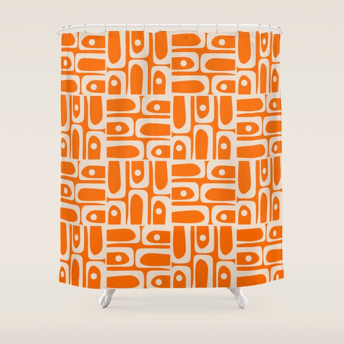 Mid Century Modern Piquet Abstract Multi Pattern Orange and Beige Shower Curtain Gallery Image 1