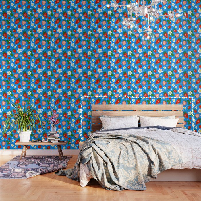 Strawberries Galore Pattern On Blue Wallpaper Gallery Image 1