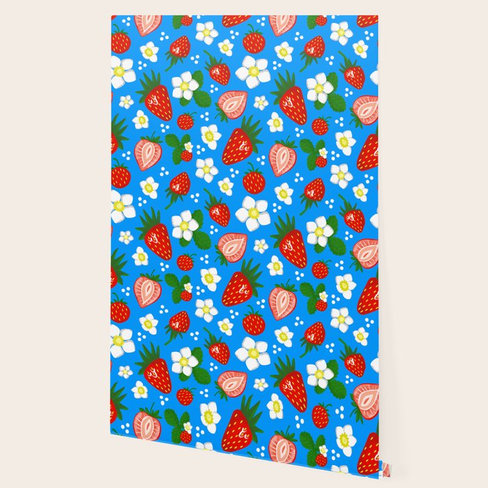 Strawberries Galore Pattern On Blue Wallpaper Gallery Image 2