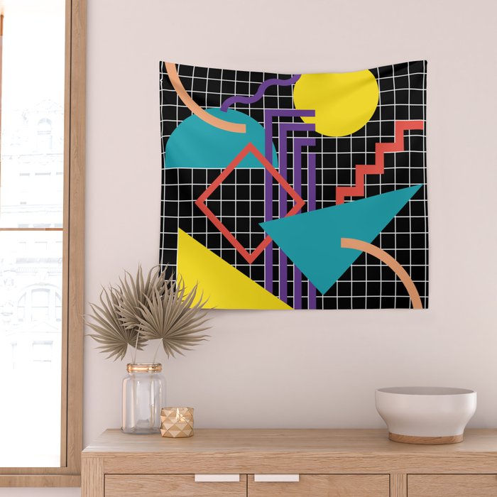 Memphis Pattern - 80s Retro Black Wall Tapestry Gallery Image 2