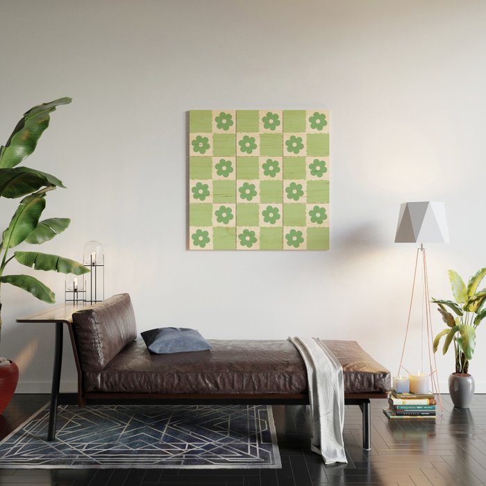 Flower Check in Forest Green Pattern Wood Wall Art Gallery Image 2