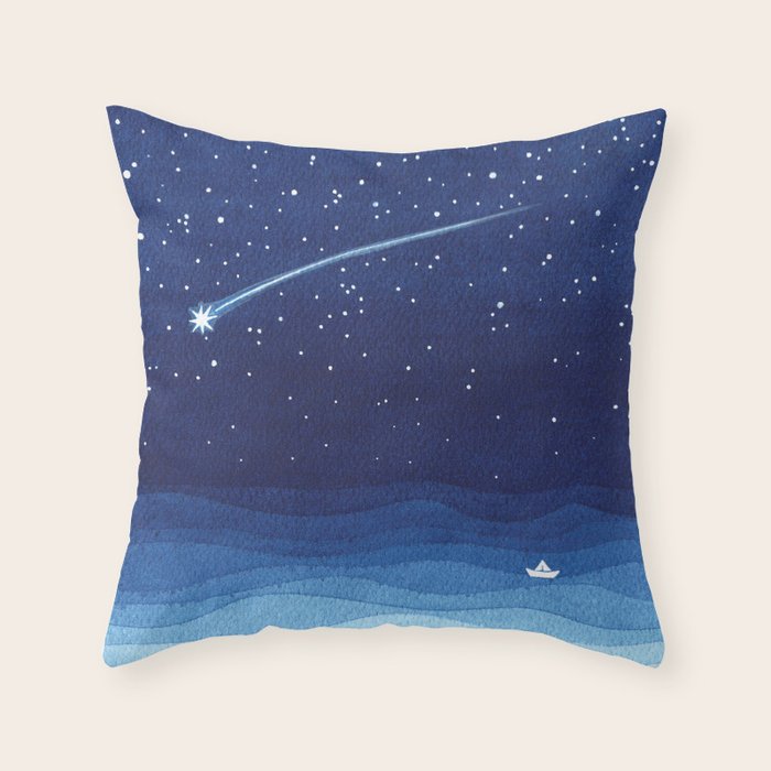 Falling star, shooting star, sailboat ocean waves blue sea Throw Pillow Gallery Image 1