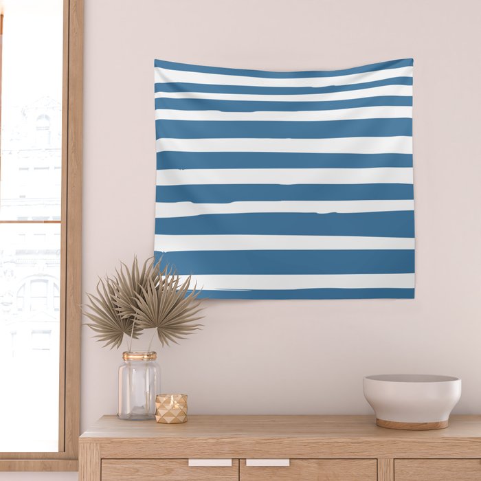 Ocean Stripes, Abstract, Blue and White, Striped Pattern Wall Tapestry Gallery Image 2