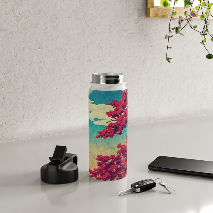 The New Year in Hisseii - Autumn Tree & Mountain by the Ocean Ukiyoe Nature Landscape in Red & Blue Water Bottle Gallery Image 4