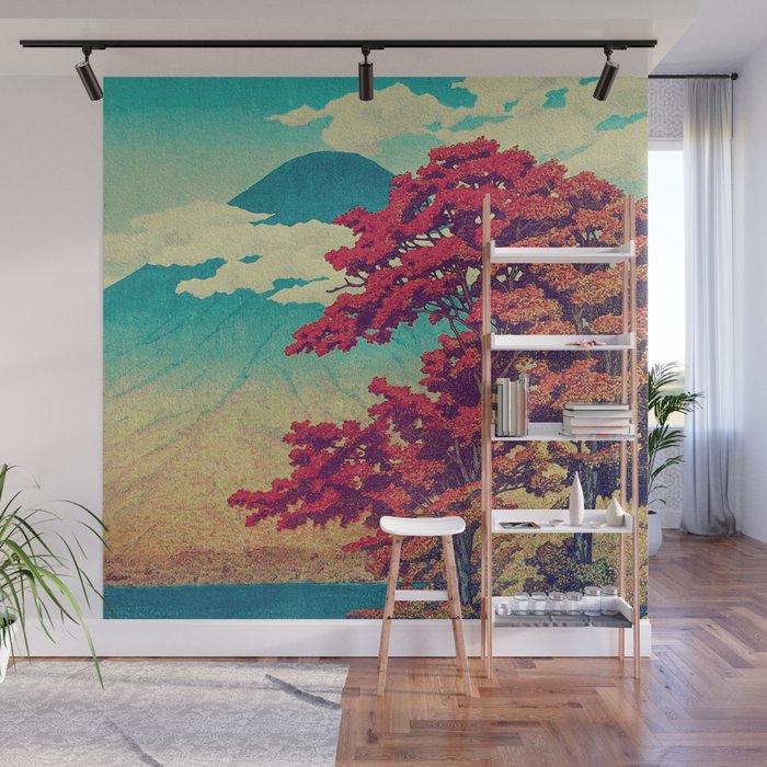 The New Year in Hisseii - Autumn Tree & Mountain by the Ocean Ukiyoe Nature Landscape in Red & Blue Wall Mural Gallery Image 1