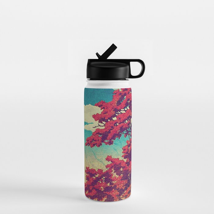 The New Year in Hisseii - Autumn Tree & Mountain by the Ocean Ukiyoe Nature Landscape in Red & Blue Water Bottle Gallery Image 1