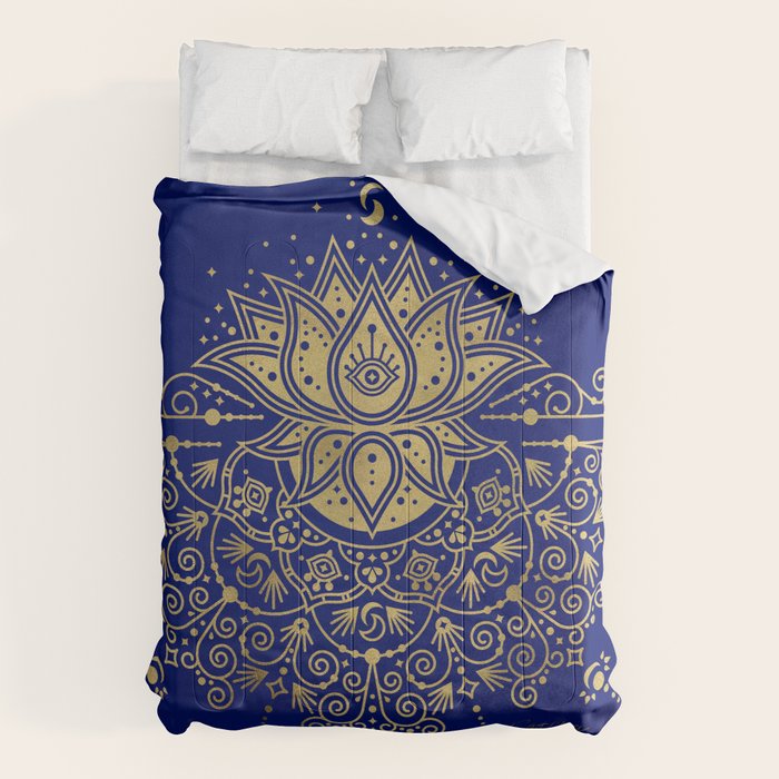 Sacred Lotus Mandala - Navy & Gold Palette Comforter Gallery Image 6