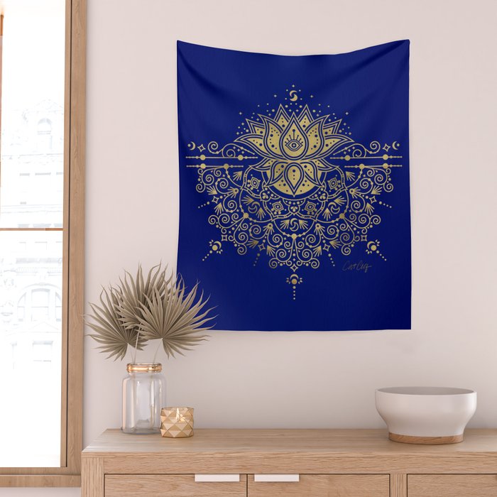Sacred Lotus Mandala - Navy & Gold Palette Wall Tapestry Gallery Image 2