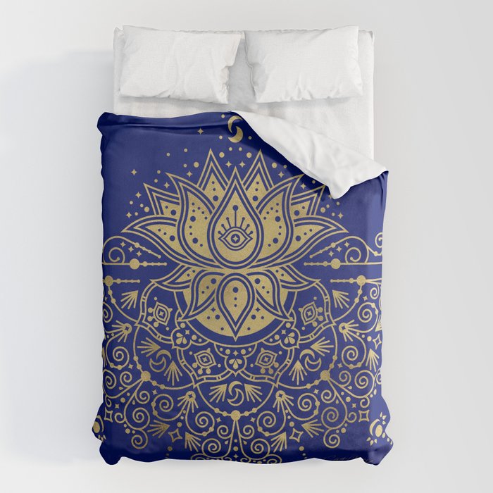 Sacred Lotus Mandala - Navy & Gold Palette Duvet Cover Gallery Image 6