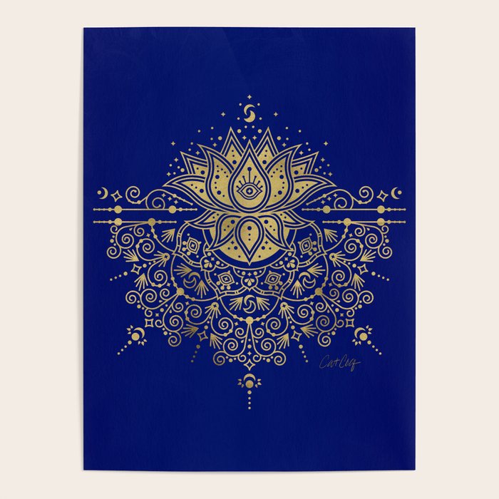 Sacred Lotus Mandala - Navy & Gold Palette Poster Gallery Image 4
