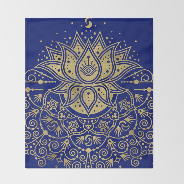 Sacred Lotus Mandala - Navy & Gold Palette Throw Blanket Gallery Image 2