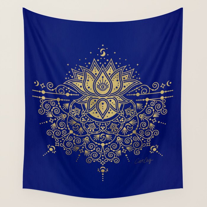 Sacred Lotus Mandala - Navy & Gold Palette Wall Tapestry Gallery Image 1