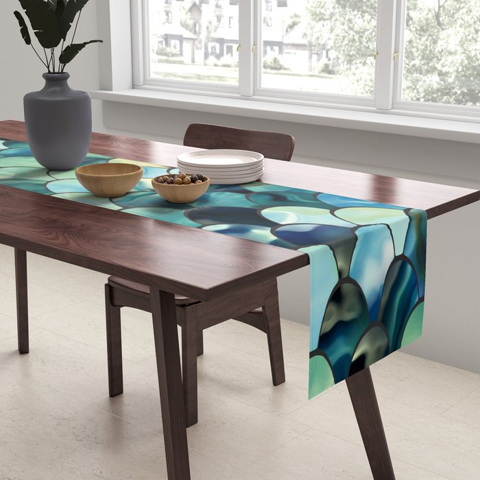 Mermaid Art, Sea Green, Ocean Blue Table Runner Gallery Image 2
