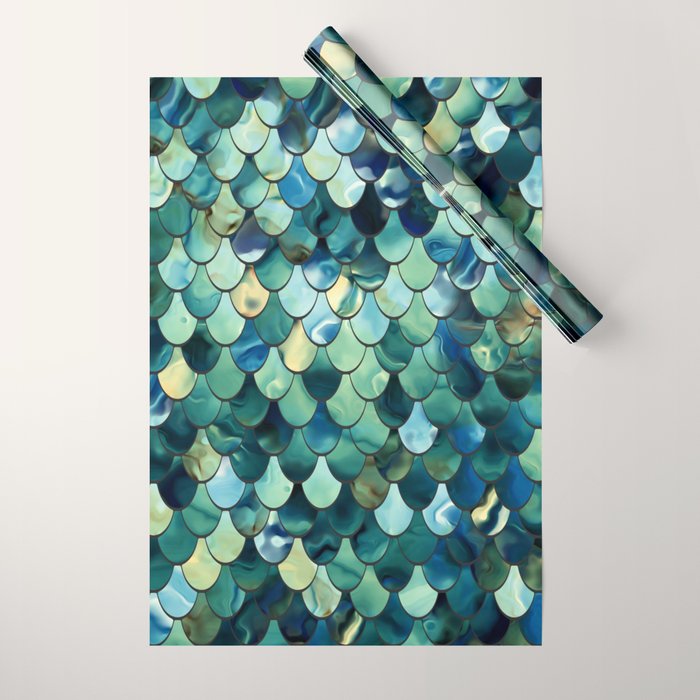 Mermaid Art, Sea Green, Ocean Blue Wrapping Paper Gallery Image 1