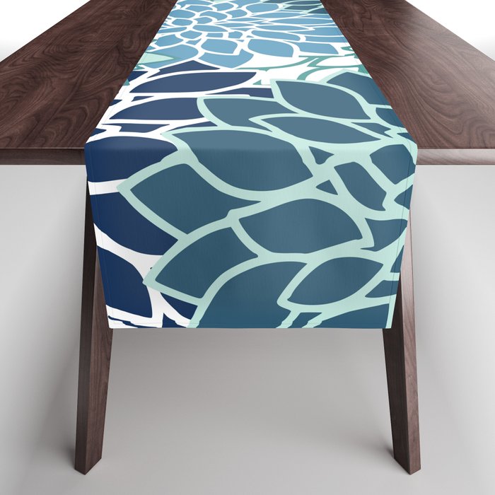 Dahlia Floral Blooms, Teal, Blue White Table Runner Gallery Image 1