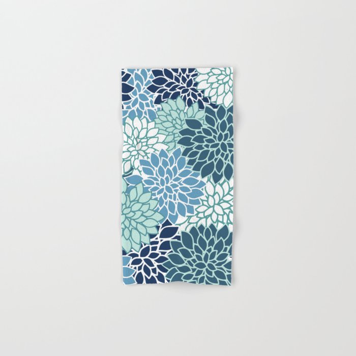 Dahlia Floral Blooms, Teal, Blue White Bath Towel Gallery Image 1