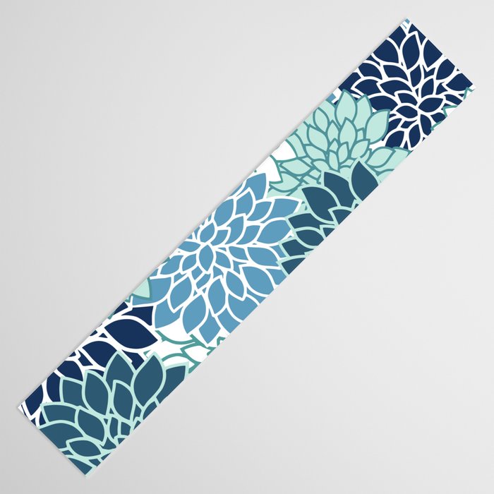 Dahlia Floral Blooms, Teal, Blue White Table Runner Gallery Image 3
