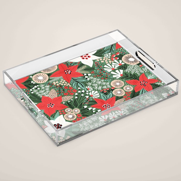 Christmas Holiday Flowers Poinsettia Green Red White Pattern Acrylic Tray Gallery Image 1