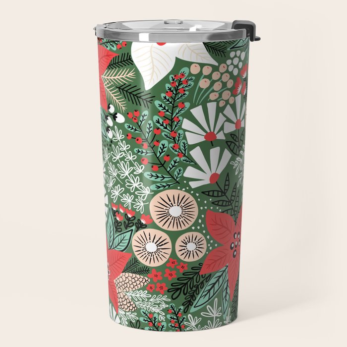 Christmas Holiday Flowers Poinsettia Green Red White Pattern Travel Mug Gallery Image 2