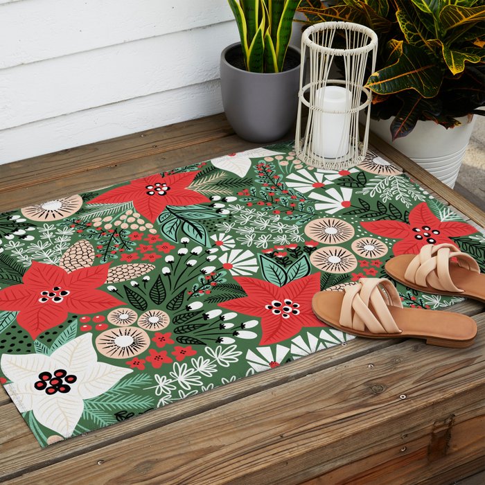 Christmas Holiday Flowers Poinsettia Green Red White Pattern Outdoor Rug Gallery Image 2