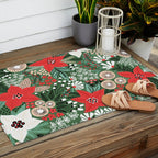 Christmas Holiday Flowers Poinsettia Green Red White Pattern Outdoor Rug Gallery Image 2