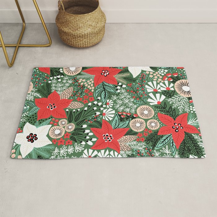 Christmas Holiday Flowers Poinsettia Green Red White Pattern Rug Gallery Image 1