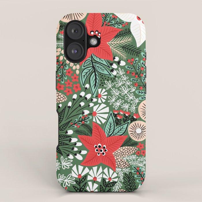 Christmas Holiday Flowers Poinsettia Green Red White Pattern iPhone Case Gallery Image 1
