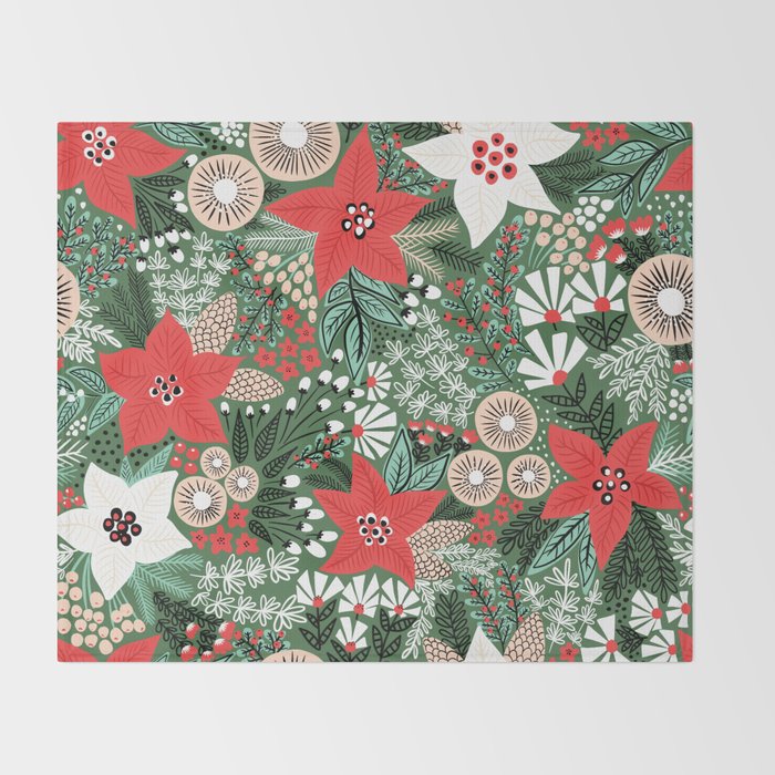 Christmas Holiday Flowers Poinsettia Green Red White Pattern Throw Blanket Gallery Image 2