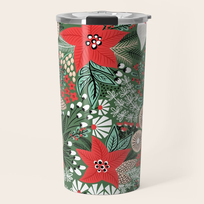 Christmas Holiday Flowers Poinsettia Green Red White Pattern Travel Mug Gallery Image 1
