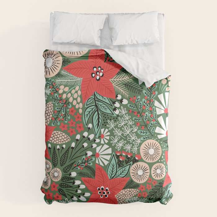 Christmas Holiday Flowers Poinsettia Green Red White Pattern Duvet Cover Gallery Image 1