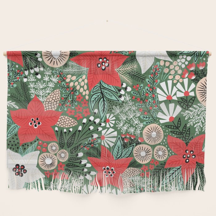 Christmas Holiday Flowers Poinsettia Green Red White Pattern Wall Hanging Gallery Image 1