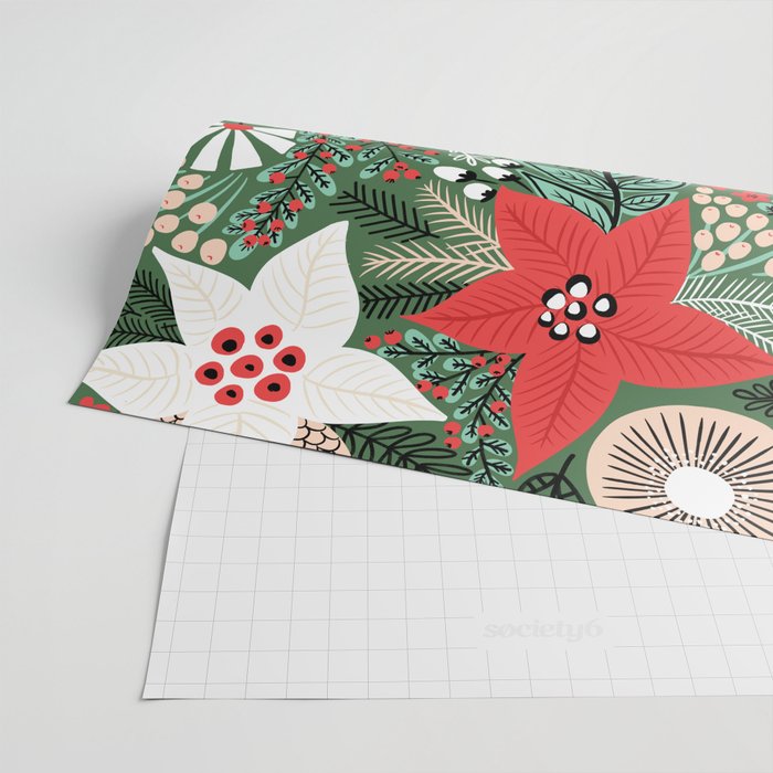 Christmas Holiday Flowers Poinsettia Green Red White Pattern Wrapping Paper Gallery Image 2