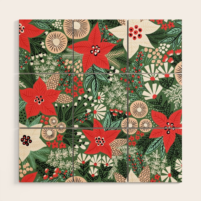 Christmas Holiday Flowers Poinsettia Green Red White Pattern Wood Wall Art Gallery Image 1