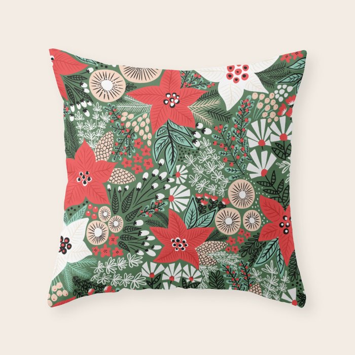 Christmas Holiday Flowers Poinsettia Green Red White Pattern Throw Pillow Gallery Image 1