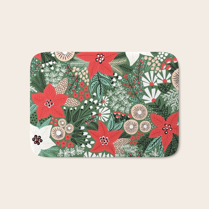Christmas Holiday Flowers Poinsettia Green Red White Pattern Bath Mat Gallery Image 1