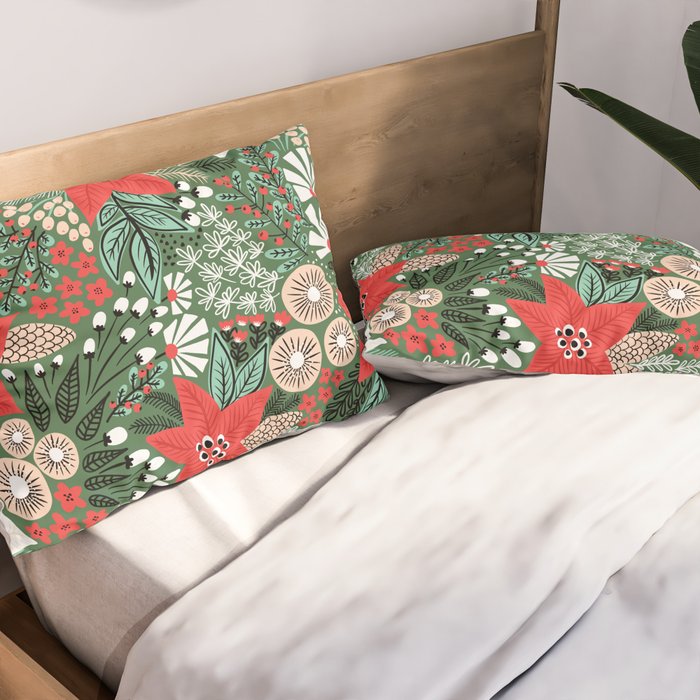 Christmas Holiday Flowers Poinsettia Green Red White Pattern Pillow Sham Gallery Image 2