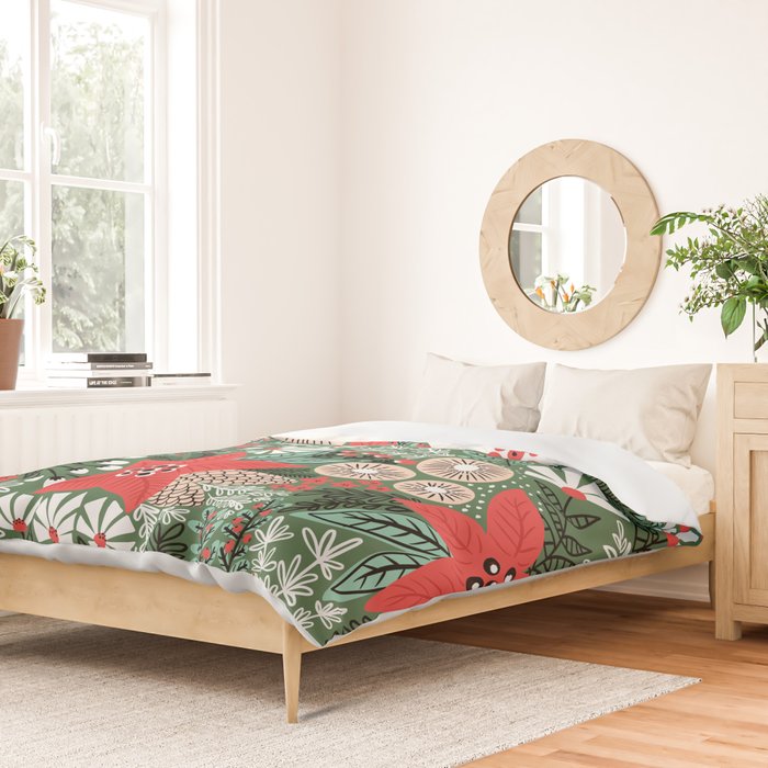 Christmas Holiday Flowers Poinsettia Green Red White Pattern Duvet Cover Gallery Image 2