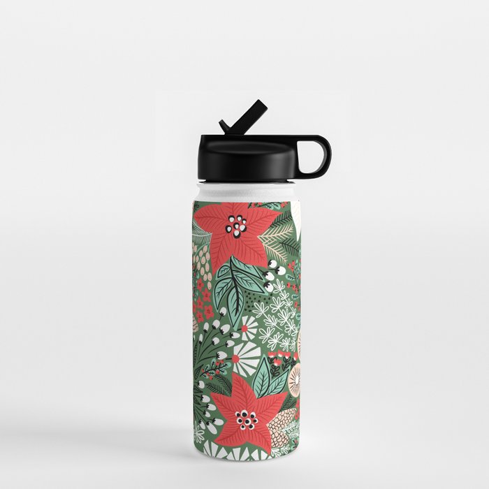 Christmas Holiday Flowers Poinsettia Green Red White Pattern Water Bottle Gallery Image 1