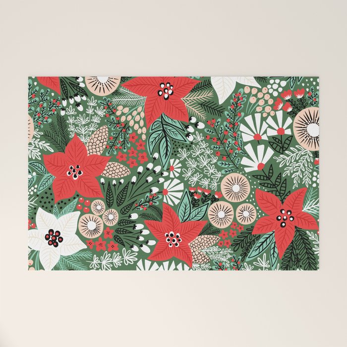 Christmas Holiday Flowers Poinsettia Green Red White Pattern Welcome Mat Gallery Image 1