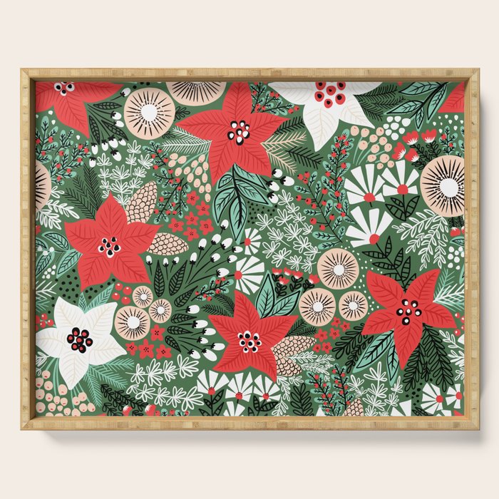 Christmas Holiday Flowers Poinsettia Green Red White Pattern Serving Tray Gallery Image 1