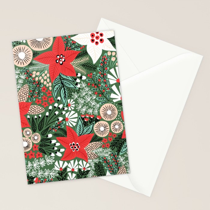 Christmas Holiday Flowers Poinsettia Green Red White Pattern Stationery Card Gallery Image 2