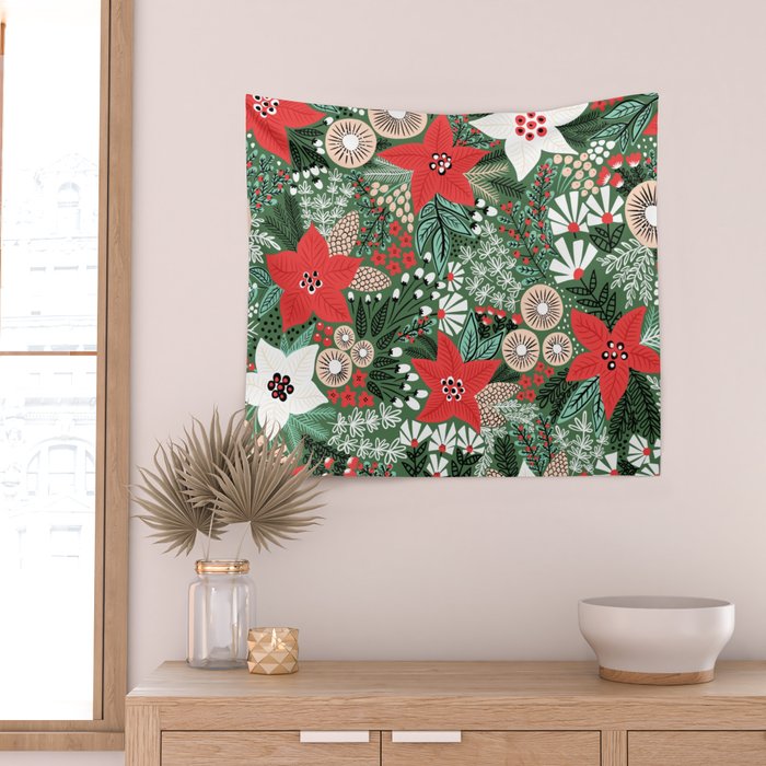 Christmas Holiday Flowers Poinsettia Green Red White Pattern Wall Tapestry Gallery Image 2