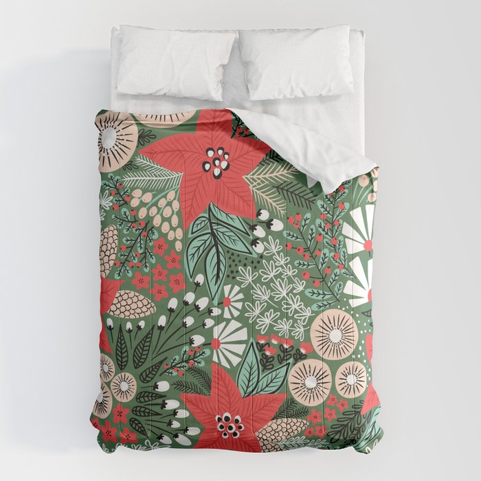 Christmas Holiday Flowers Poinsettia Green Red White Pattern Comforter Gallery Image 1