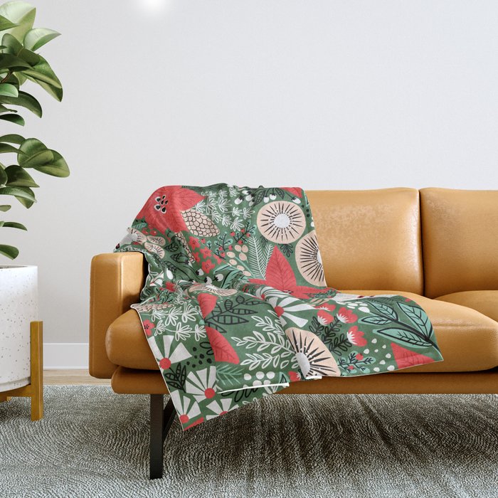Christmas Holiday Flowers Poinsettia Green Red White Pattern Throw Blanket Gallery Image 1