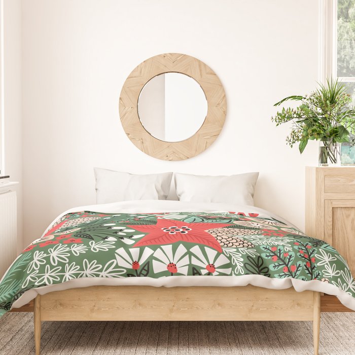 Christmas Holiday Flowers Poinsettia Green Red White Pattern Duvet Cover Gallery Image 3