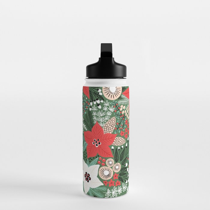 Christmas Holiday Flowers Poinsettia Green Red White Pattern Water Bottle Gallery Image 3