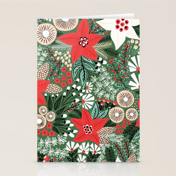 Christmas Holiday Flowers Poinsettia Green Red White Pattern Stationery Card Gallery Image 2