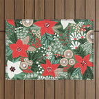 Christmas Holiday Flowers Poinsettia Green Red White Pattern Outdoor Rug Gallery Image 1